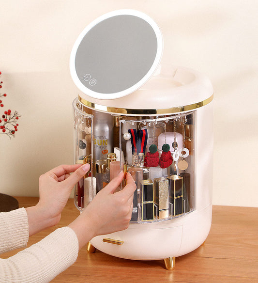 MIVLINA® Round Makeup Storage Organizer Box with Mirror Led Light
