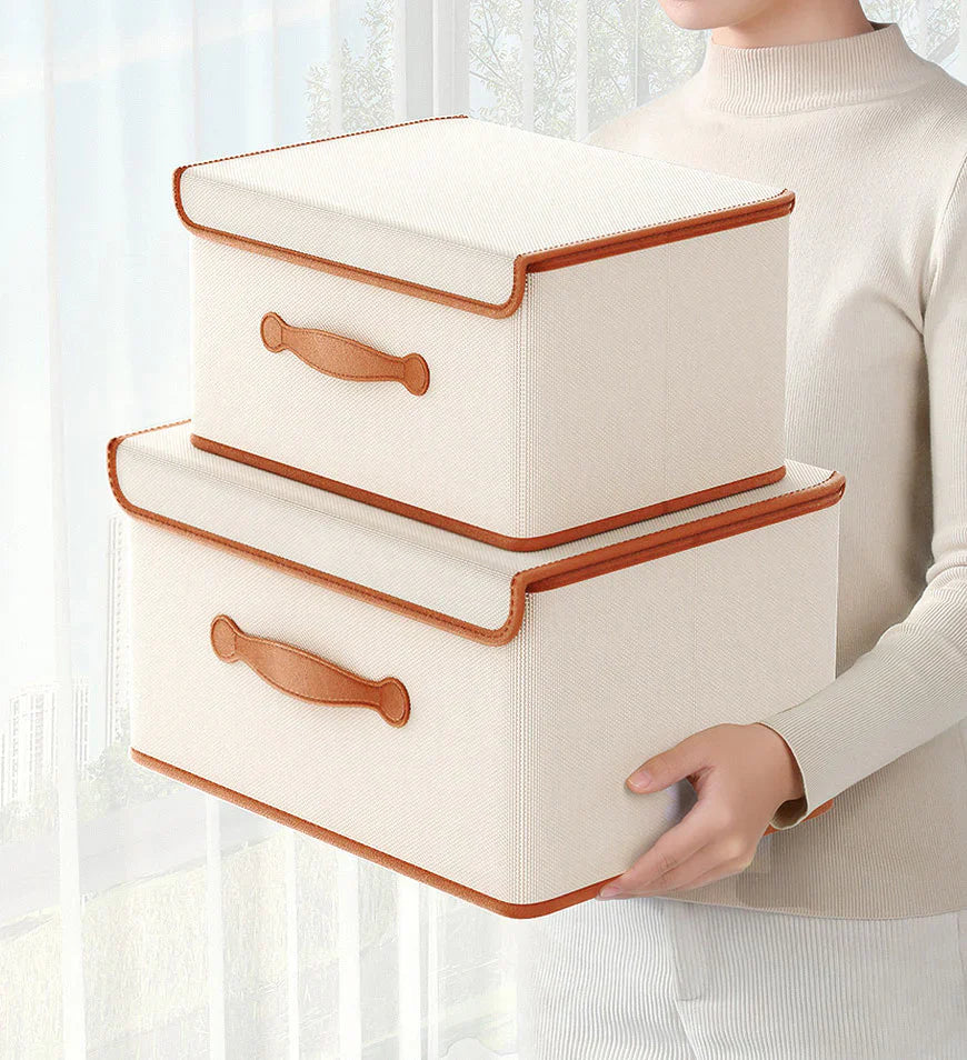 MIVLINA® Collapsible Storage Boxes with Lids and Leather Handle