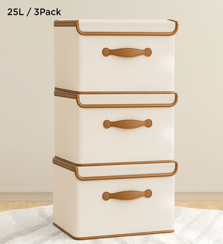 MIVLINA® Collapsible Storage Boxes with Lids and Leather Handle